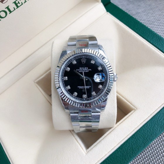 Datejust series men's watch with diamonds, black dial, silver bezel, 41mm, silver Oyster bracelet